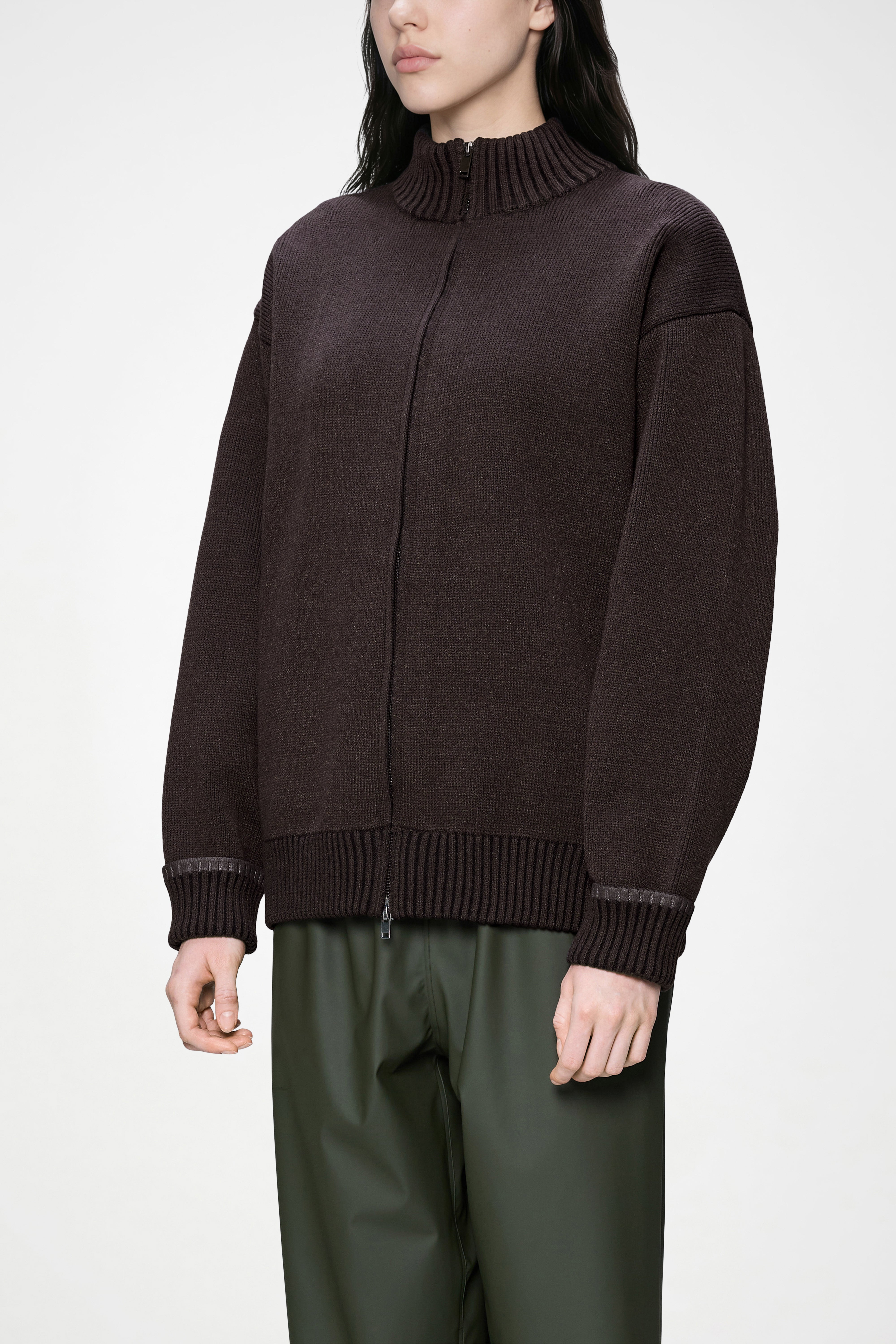 RAINS Sowa Knit Zip Cardigan Bark / Black Long Sleeve